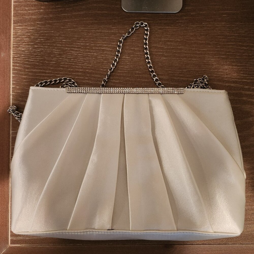 White satin clutch with silver chain strap